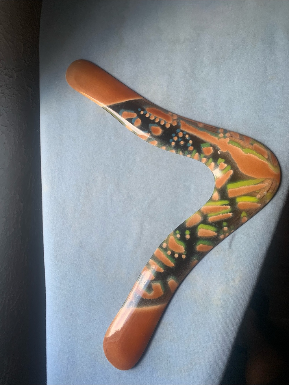 Hand-Painted Orange and Green Boomerang. Australian Rangs boomerang Aussie fever